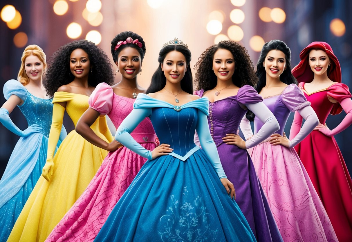 Un groupe diversifié de princesses Disney se tenant confiantes, chacune mettant en valeur son arrière-plan culturel unique et son émancipation individuelle.