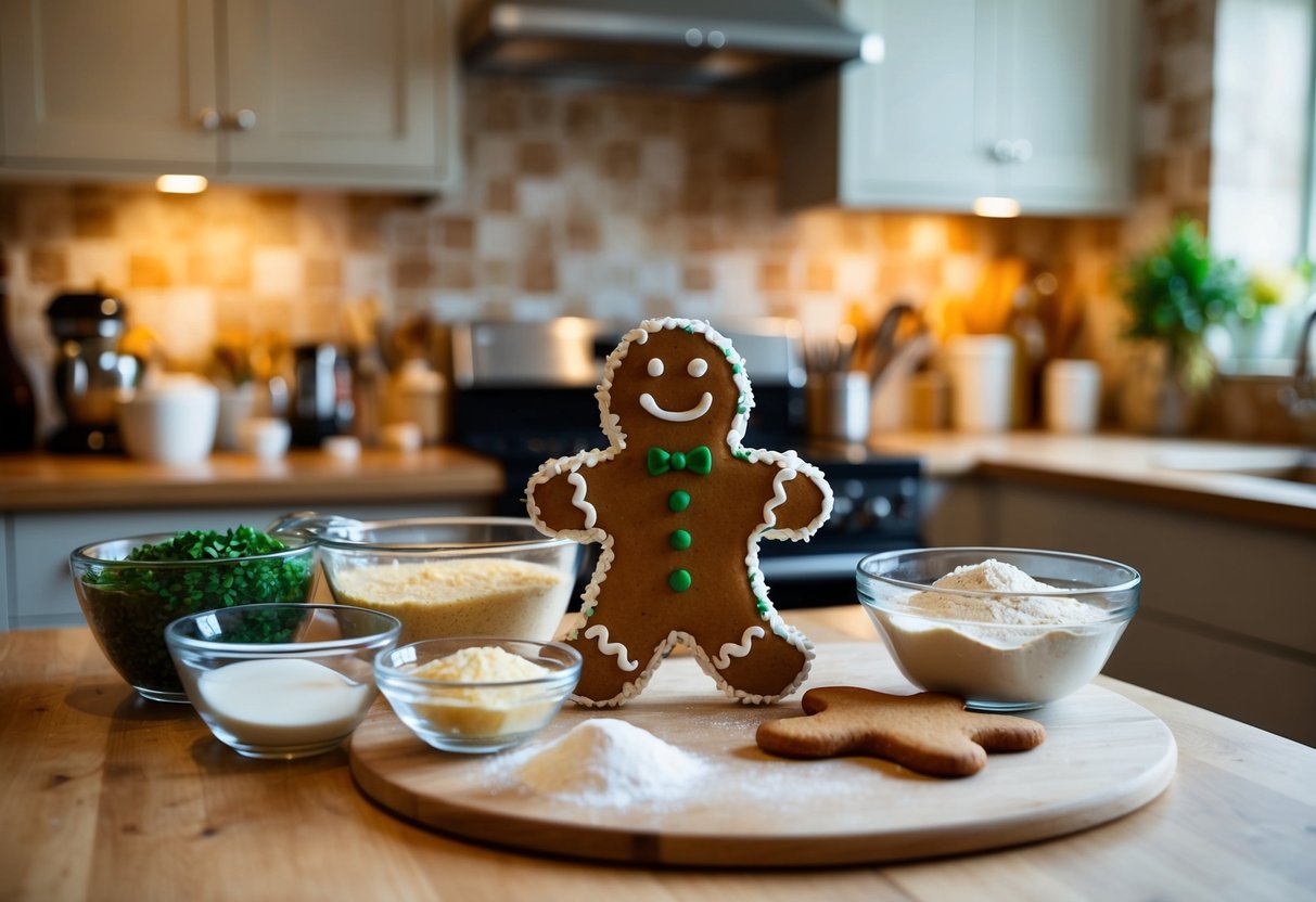 Une cuisine confortable remplie d'ingrédients variés pour préparer un bonhomme en pain d'épice moelleux