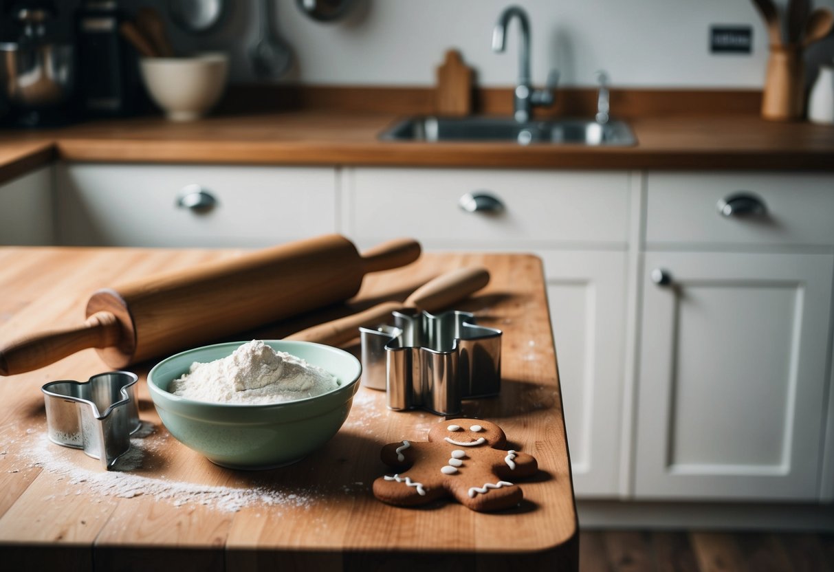 Une cuisine confortable avec un rouleau à pâtisserie vintage, un bol de farine et un emporte-pièce en forme de bonhomme en pain d'épice sur une table en bois