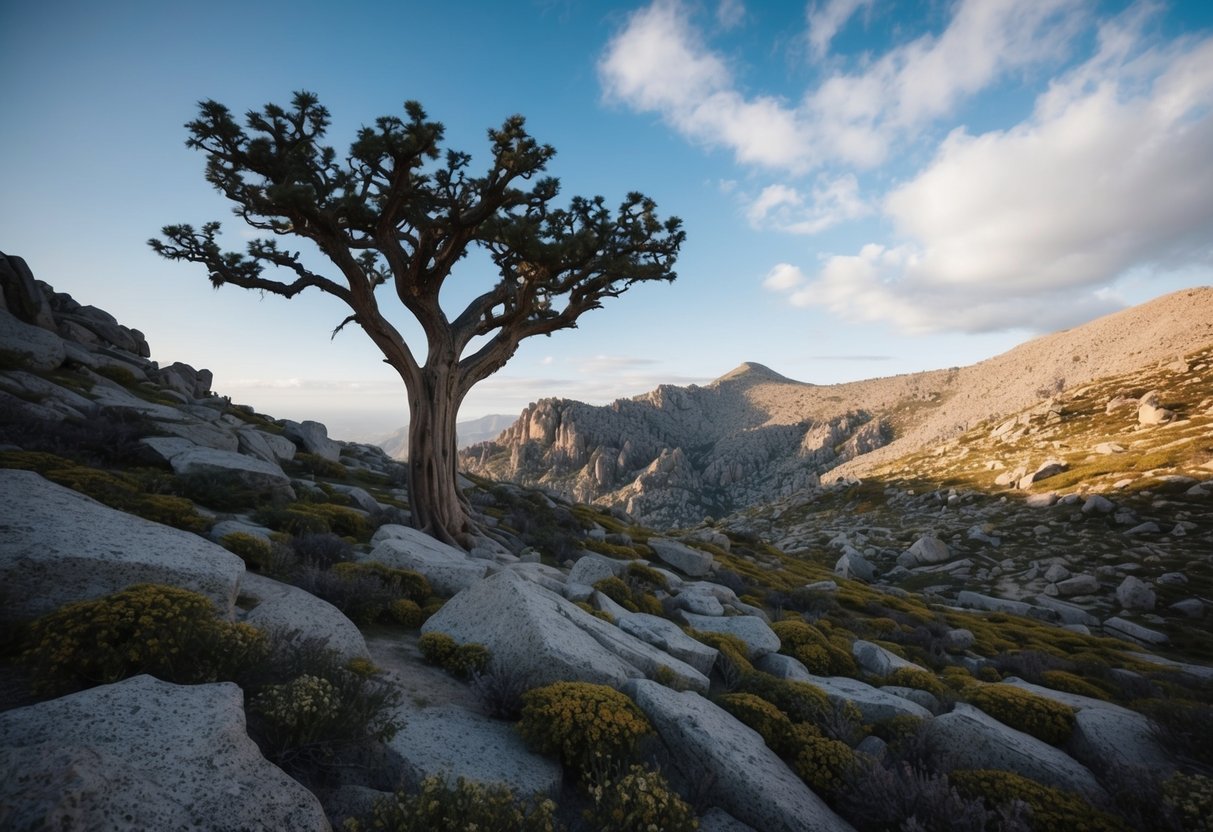 Huile de cade : Danger et Précautions à connaître 1 Un paysage accidenté avec un arbre de cade noueux entouré de terrain rocheux et d'herbes sauvages