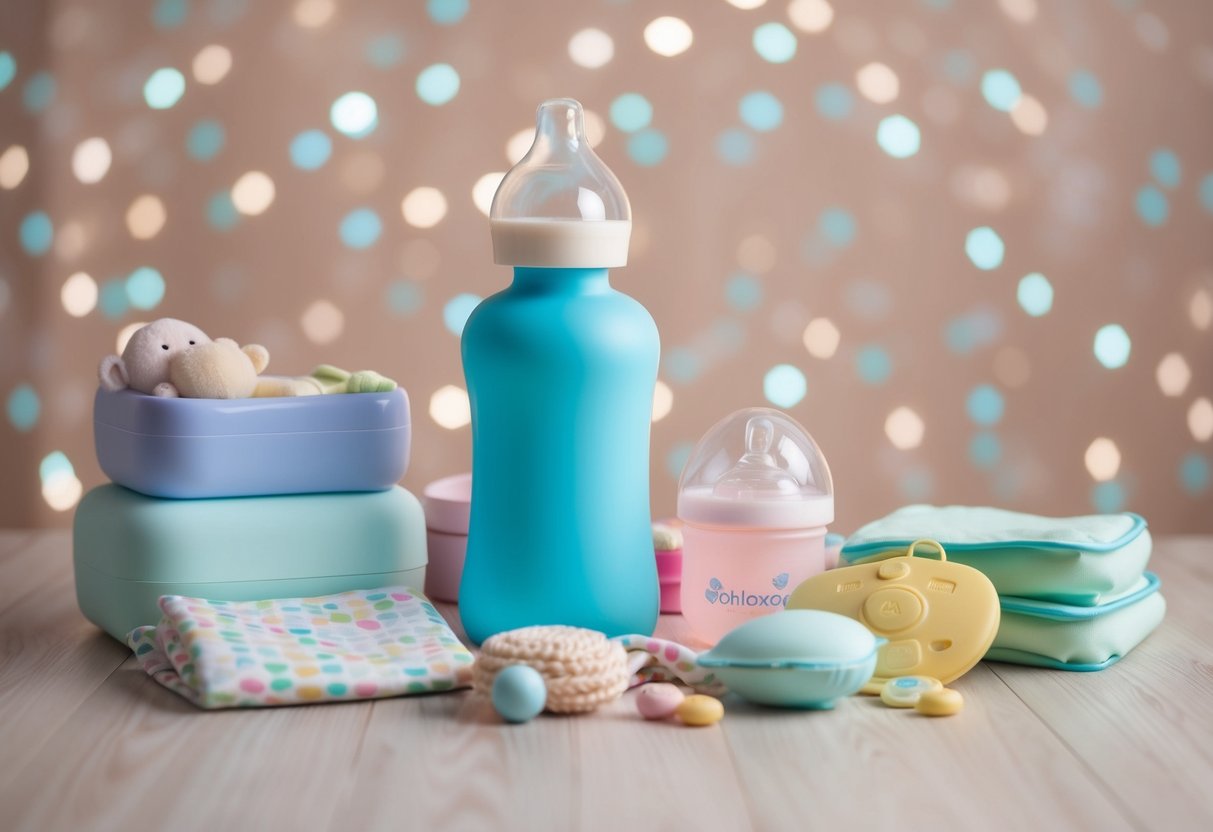 Une bouillotte pour soulager les coliques d'un bébé entourée d'articles pour bébés apaisants et de couleurs pastel