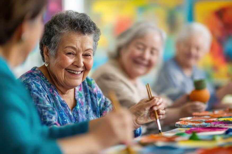 Smiling seniors enjoy taking a painting class after moving into assisted living.