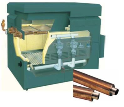 A water-tube boiler contains the heat exchanger, a series of metal tubes through which water travels.