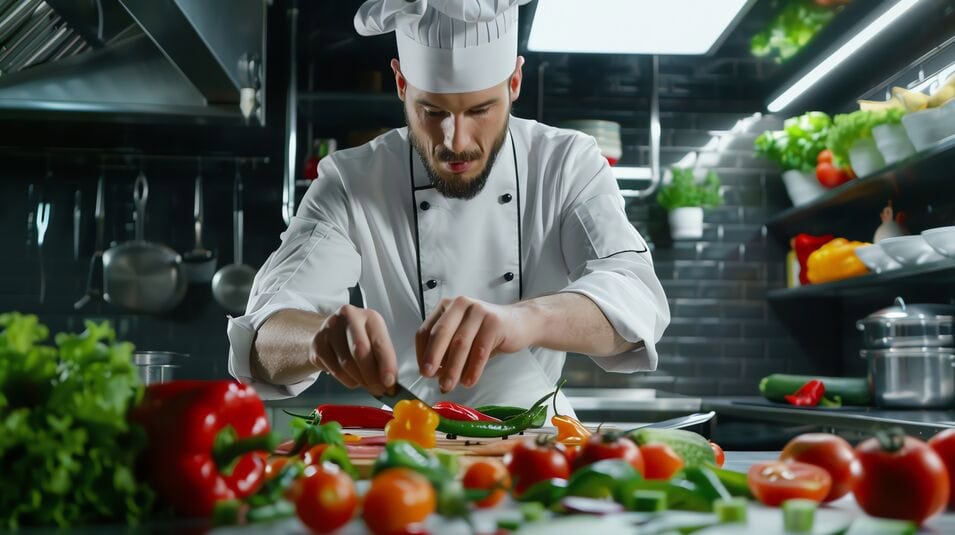 Chef in hotel kitchen is surrounded by colorful vegetables as he prepares a healthy dish.