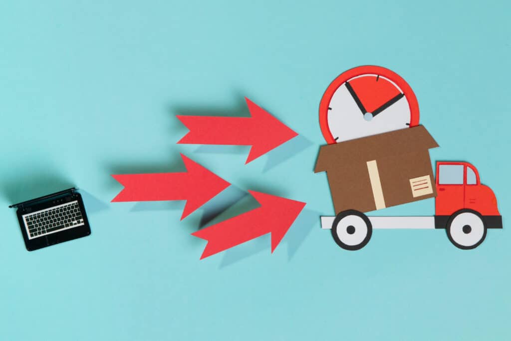 A graphic shows a small laptop with paper arrows points towards a a truck carrying a paper house.