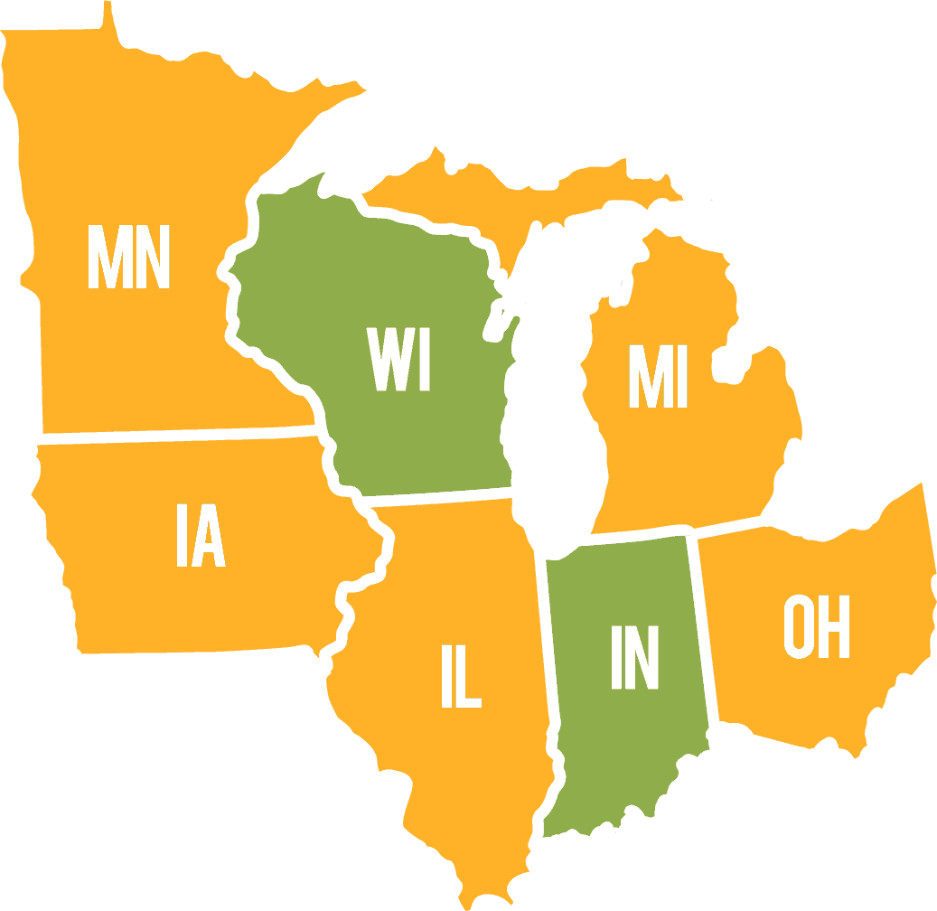 Map of midwest states in yellow and green show Reliable Water Services' service area.