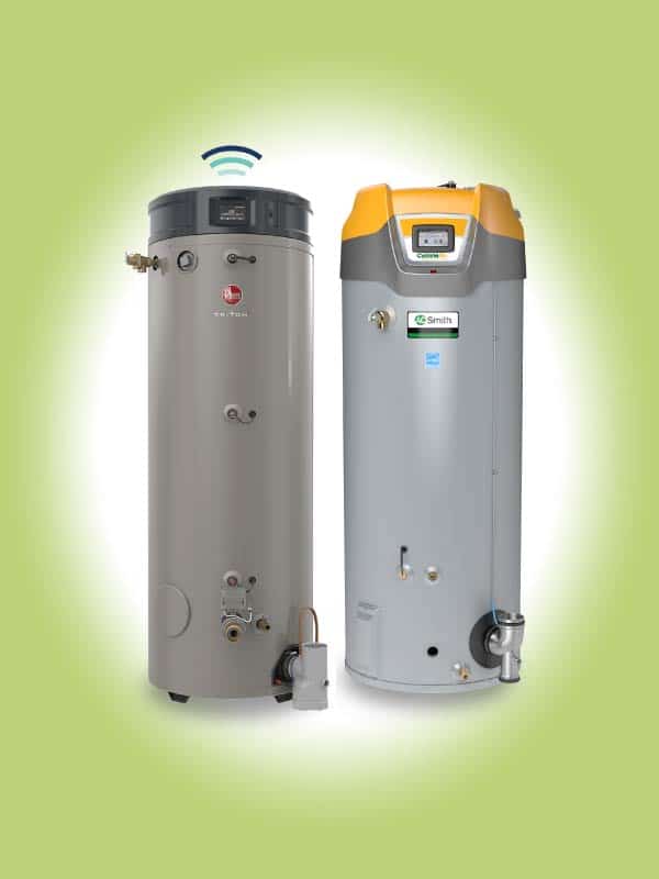 Two side-by-side high-efficiency tank type water heaters pictured on a green gradient background.