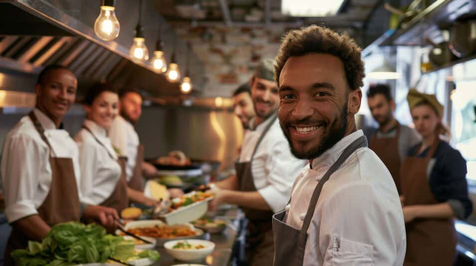 A smiling chef stands before a line of happy chefs assembling dinners in a restaurant.