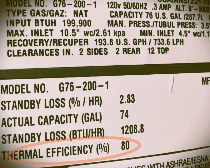 Water heater rating plate label showing thermal efficiency rating of 80%