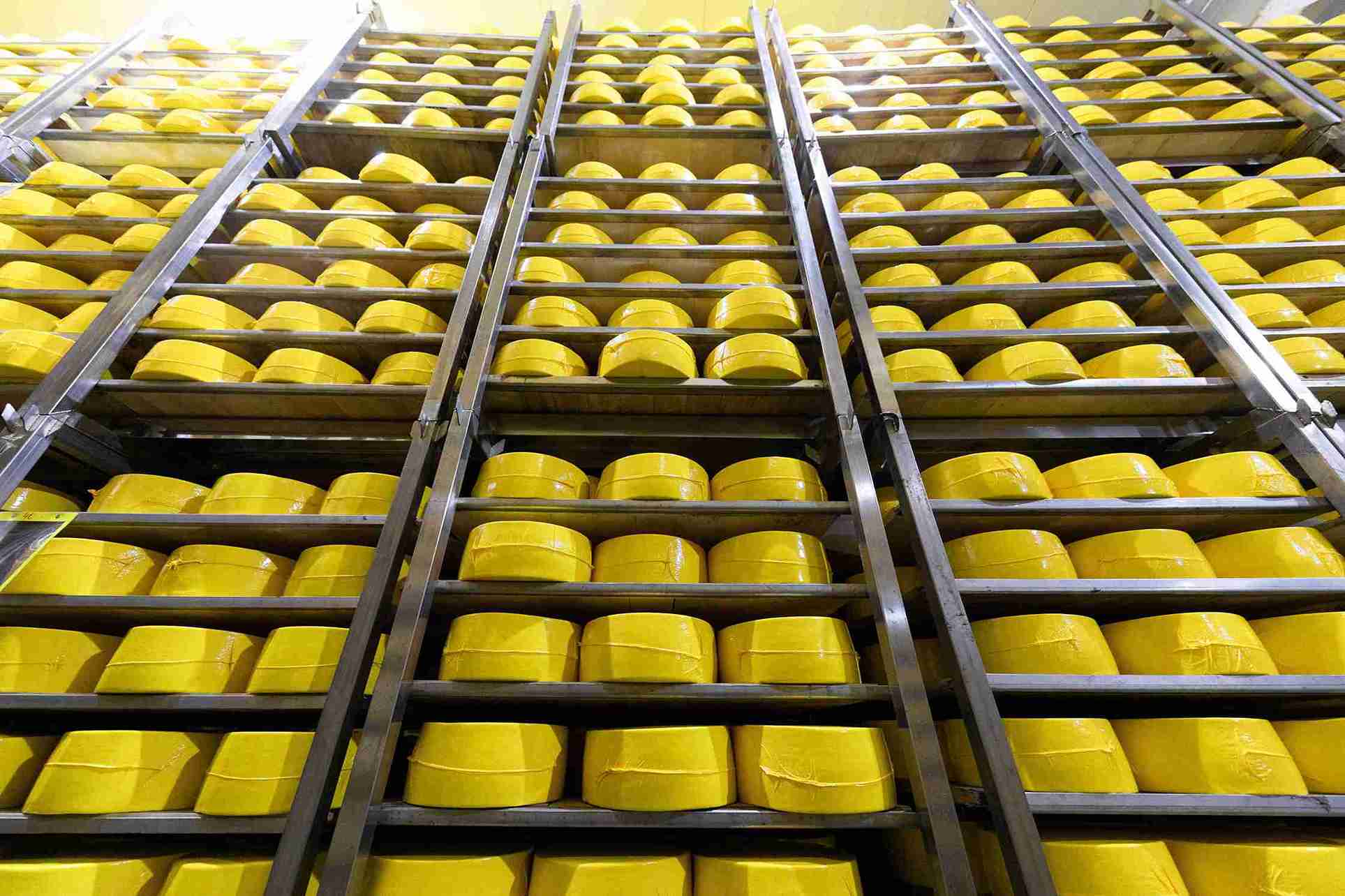 Energy-efficient solutions can include proper organization, like these tall racks stacked high with yellow-wrapped cheese wheels.