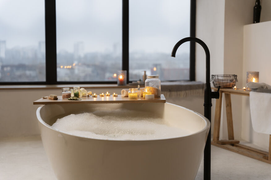 A stand-alone bathtub with bubbles, a tray of candles, and a high window with a view of the city. Hotels need to consider the pros and cons of boilers vs water heaters to best meet their needs. 