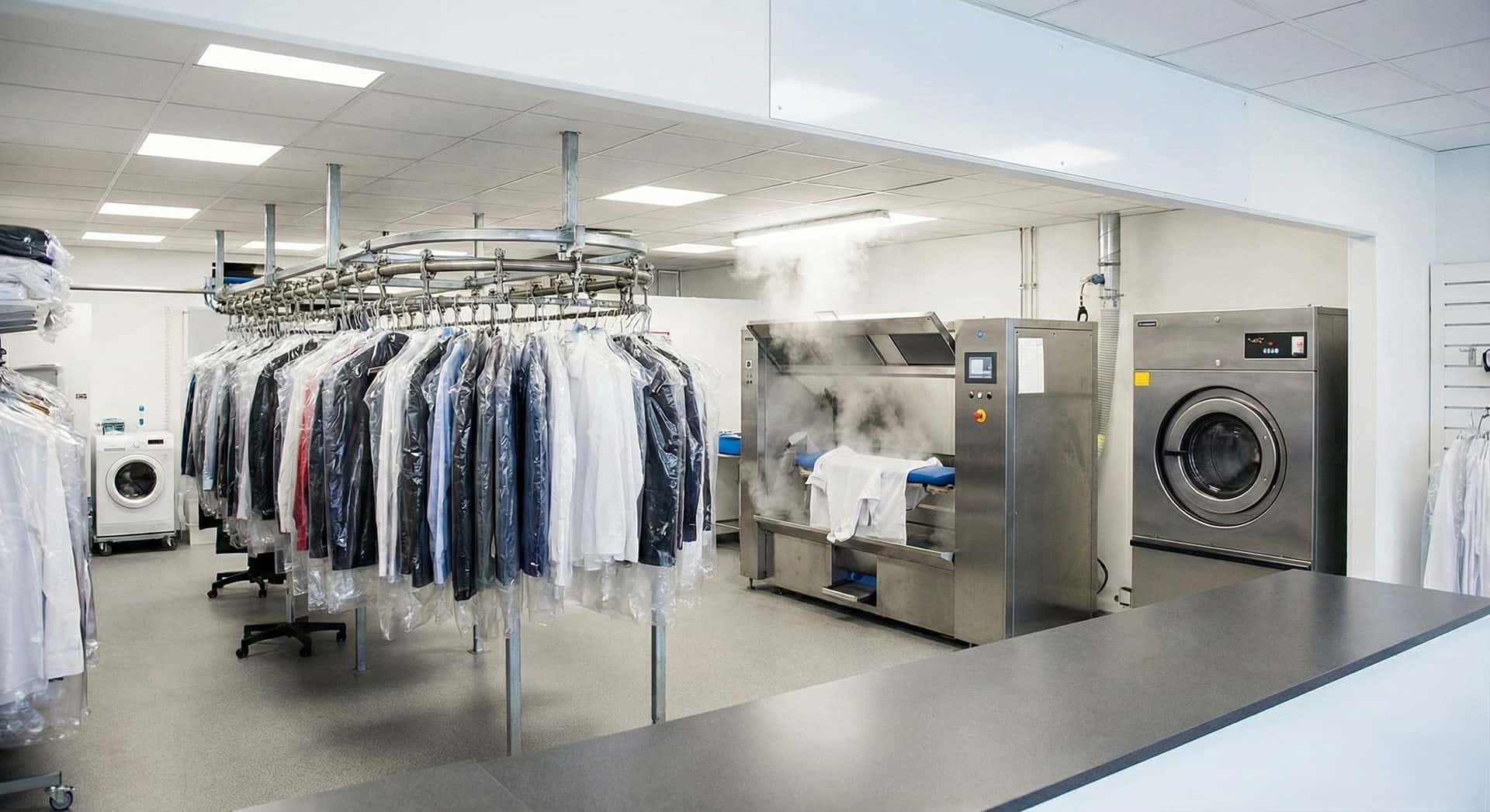 Nyrenset tøj og store maskiner på renseri i København K
