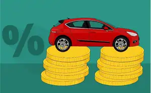 Car on stacked coins with percentage symbol, representing auto service profit margins.