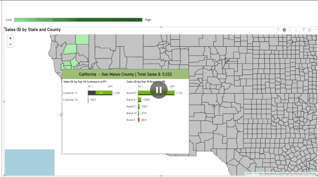 Sales performance map for California's San Mateo County by customer and brand.