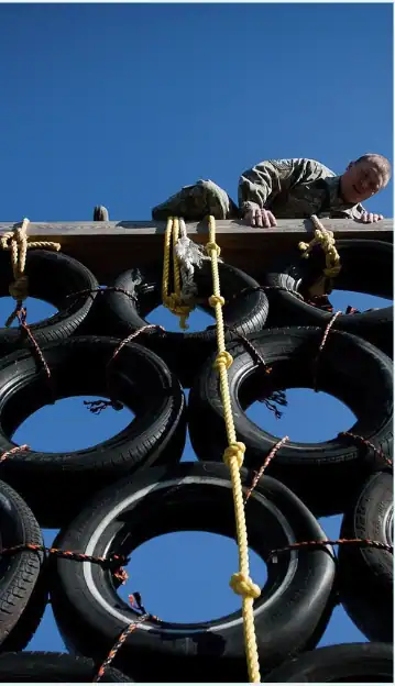 Tire obstacle course with tires and ropes, symbolizing resilience and strategic planning.
