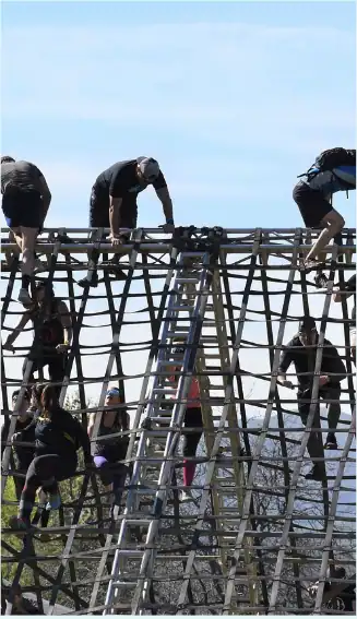 Climbers navigate a challenging wooden obstacle course outdoors.