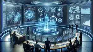 Advanced data analytics control room with multiple screens and holographic displays.