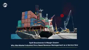 Container ship with cranes at port, highlighting revenue management solutions for mid-market industr.