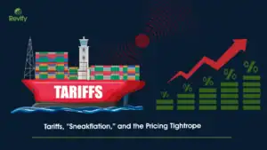 Illustration of tariffs, sneaky pricing, and rising costs with a ship and upward trend arrows.