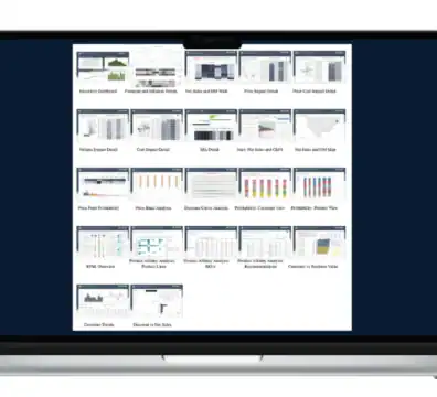 Business analytics dashboard showing data visualizations and reports on a laptop screen.