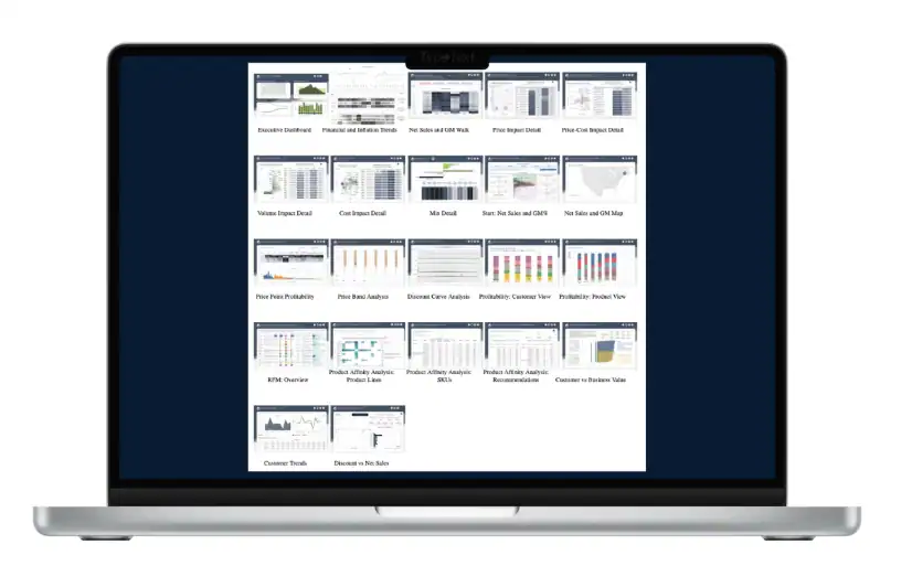 Business analytics dashboard showing data visualizations and reports on a laptop screen.