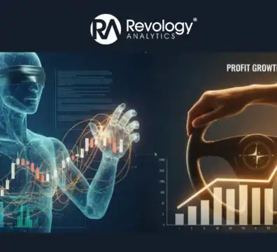 AI-generated image showing a digital human figure with stock charts and a hand on a steering wheel w.