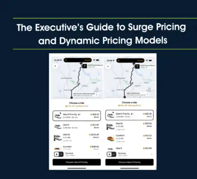 Mobile app screens showing Uber ride options with surge pricing and dynamic fare models.
