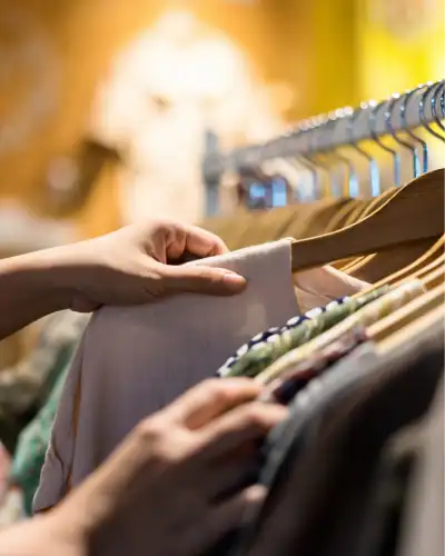 Industrial clothing shopping, retail store, apparel selection, clothing racks, fashion.