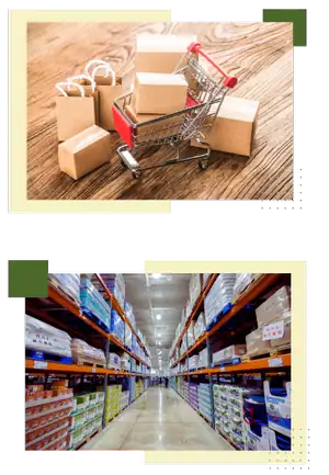 Shopping cart with CPG products and warehouse shelves filled with consumer goods.