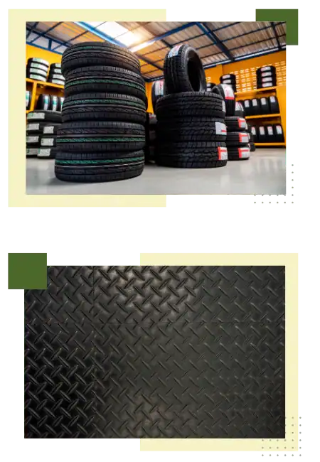 Tires stacked in a warehouse for durable goods storage and distribution.