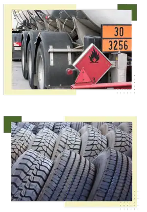 Tire storage with hazardous material warning signs and safety equipment.
