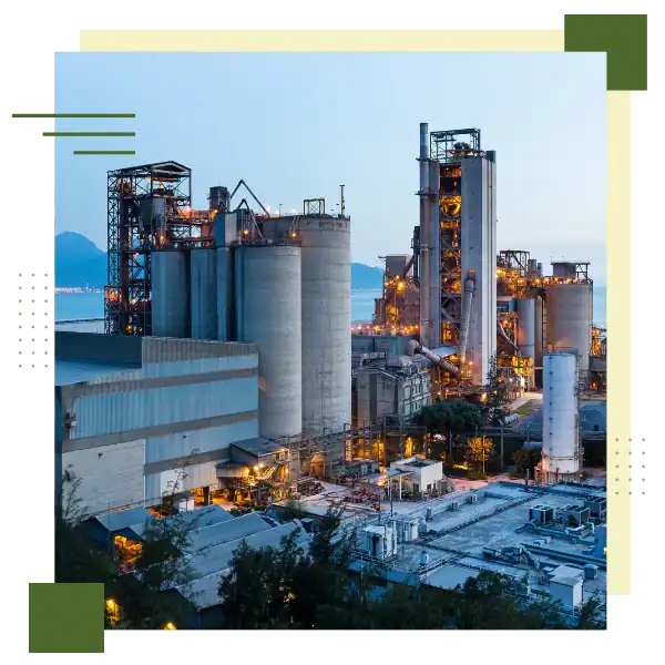 Industrial plant with tanks and processing units for data analytics in manufacturing.