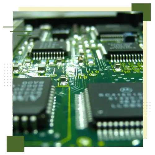 Close-up of electronic circuit board with microchips and components for semiconductors.