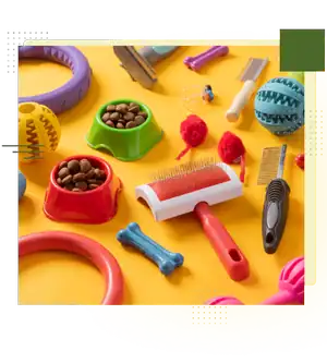 Colorful collection of durable toys and pet accessories for pets and children.