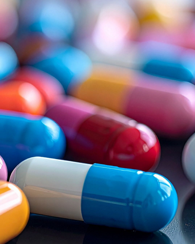 Close-up of colorful healthcare capsules and pills for medical treatment.