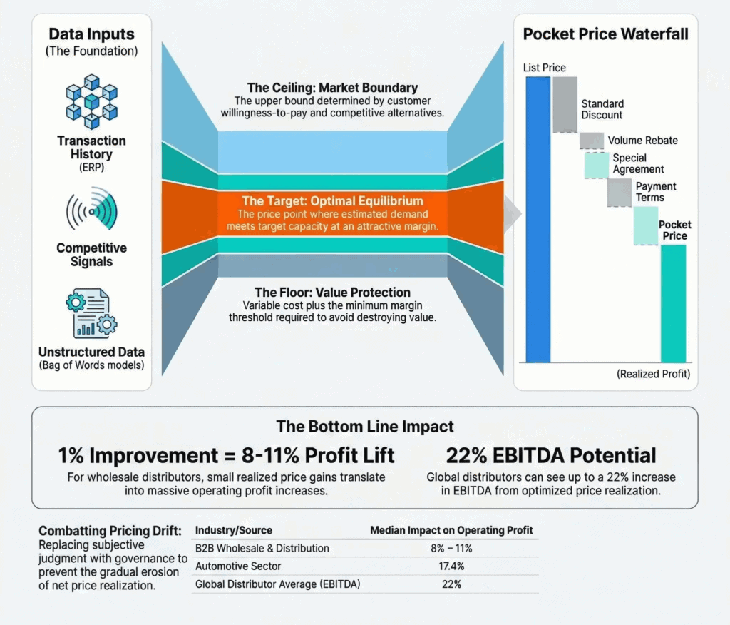 Visual diagram of equilibrium pricing, market boundaries, and profit impact in B2B pricing.