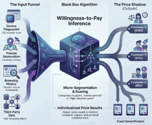Illustration of pricing surveillance process using black box algorithm and willingness-to-pay infere.