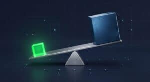 Digital balance scale with green cube and blue block representing data analysis.