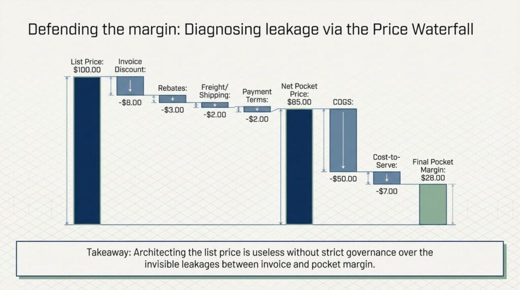 Visual of pricing waterfall analysis for customer value-based pricing strategies.