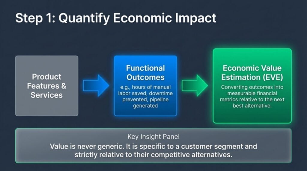 Diagram showing economic impact quantification in customer value-based pricing.