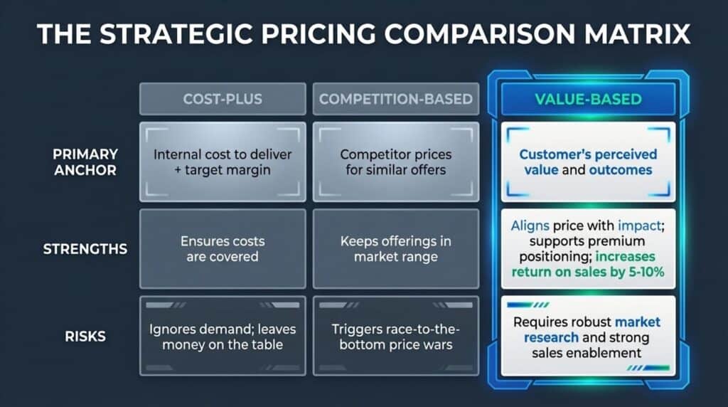 Visual of the strategic pricing comparison matrix highlighting value-based pricing benefits.