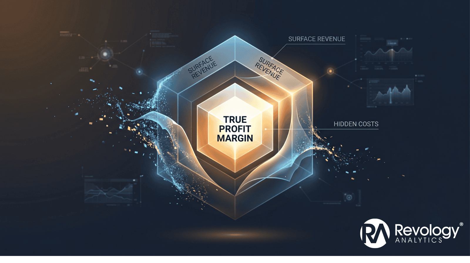 Data visualization of surface revenue, costs, and profit margin analysis by Revology Analytics.