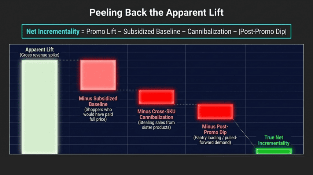 Graph showing net incremental value from promo lift and cannibalization effects.