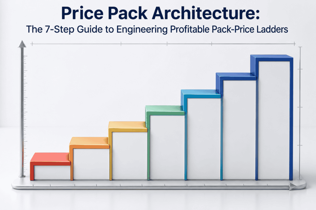 Colorful 3D stair-step chart illustrating price pack architecture.