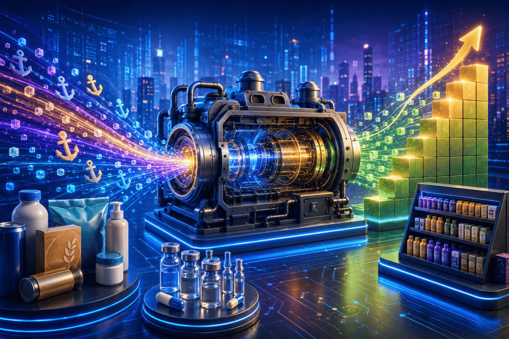 High-tech industrial machinery with data streams and growth charts.