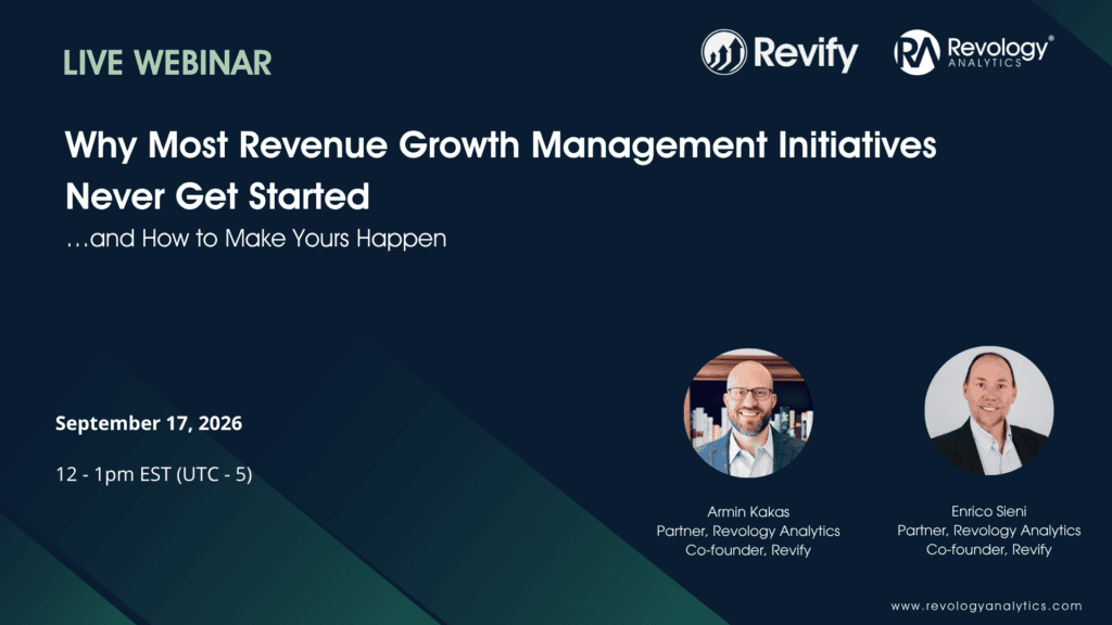 Webinar banner for revenue growth management initiatives by Revology Analytics.