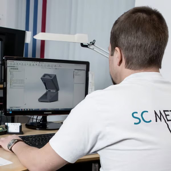 Tekniker ved computerskærm der forbereder filer til laserskæring - "SC METAL"