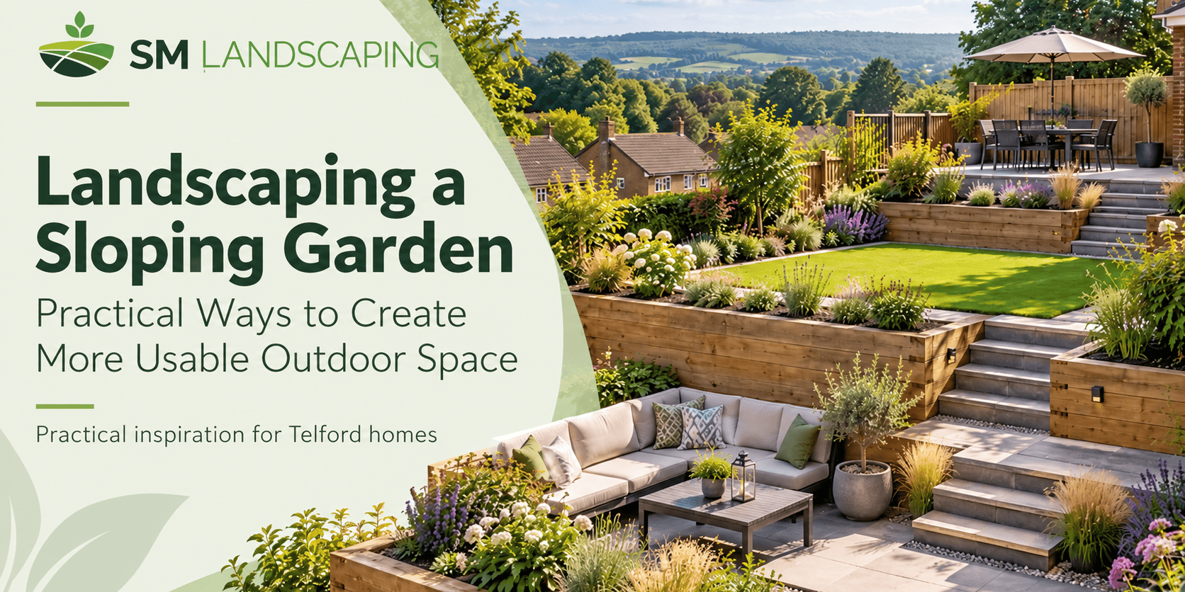Beautiful sloping garden with lush greenery and outdoor seating area.
