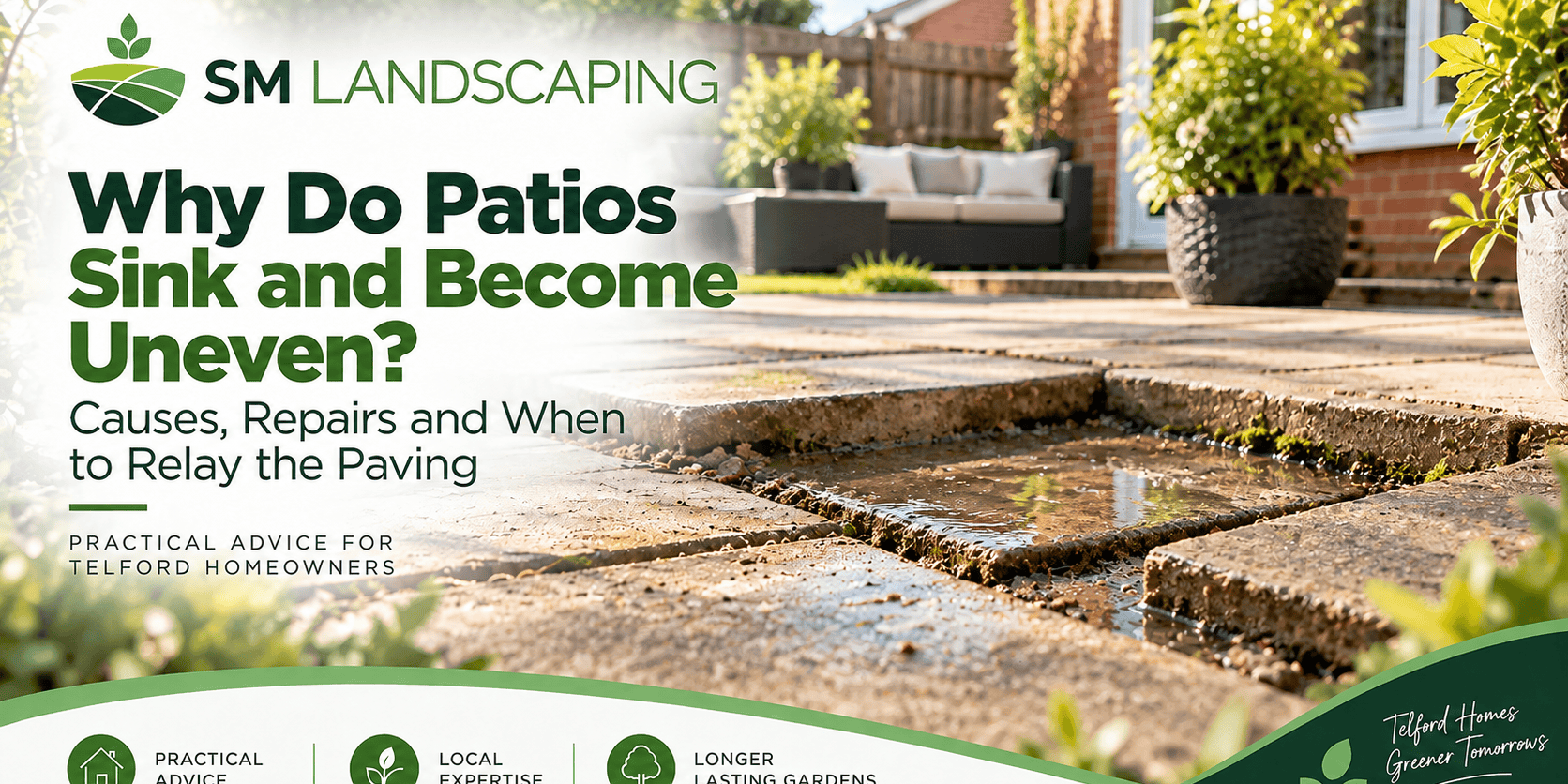 SM Landscaping guide: Why Patios Sink and Become Uneven - practical advice for Telford homeowners.