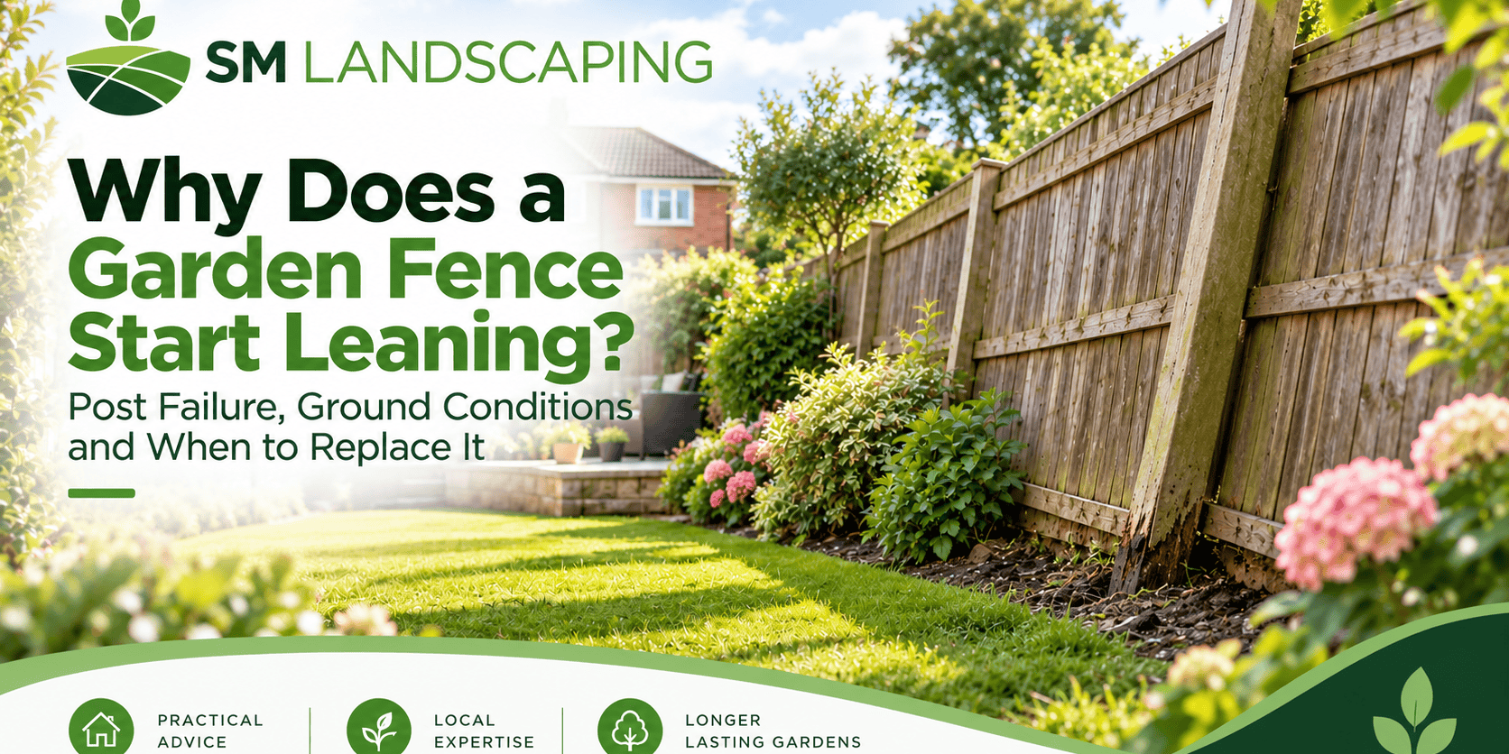 Garden fence leaning with lush green lawn and colourful flowers in background.